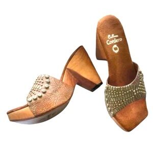 🌸COLEEN CORDERO LEATHER BRASS WOOD STACKED HEEL